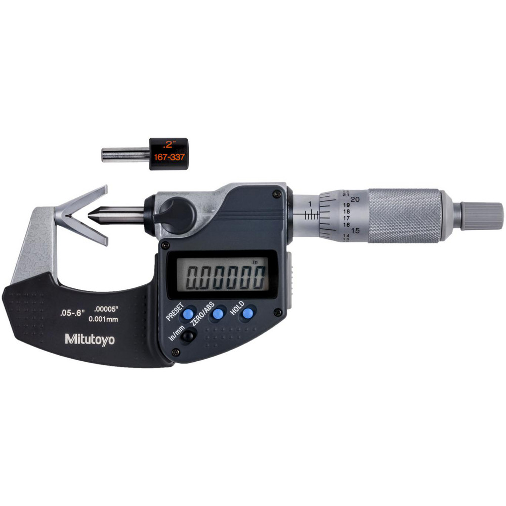0.05 to 0.6 Inch Measurement, Accuracy Up to 4 micro m, 3 Flutes Measured, Ratchet Stop Thimble, Electronic V Anvil Micrometer - 0.0001 Inch Resolution, Carbide, Data Output, SR44 Battery