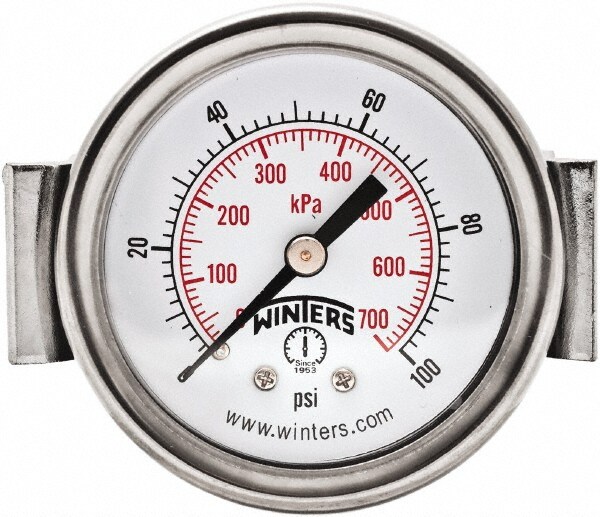 Pressure Gauge: 2" Dial, 0 to 100 psi, 1/8" Thread, NPT, Panel Mount
