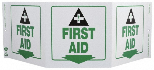 First Aid Sign: Rectangle, GREEN@WORK, First Aid - Plastic, Wall, 7-1/2" High, 20" Wide