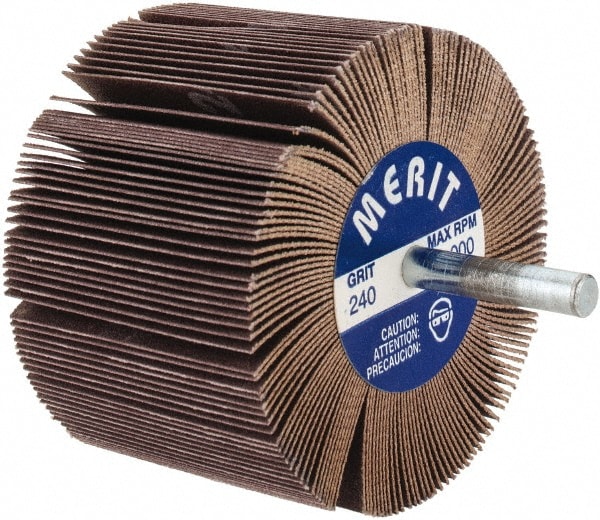 Mounted Flap Wheel: 3" Dia, 2" Face Width, 240 Grit, Ceramic Alumina