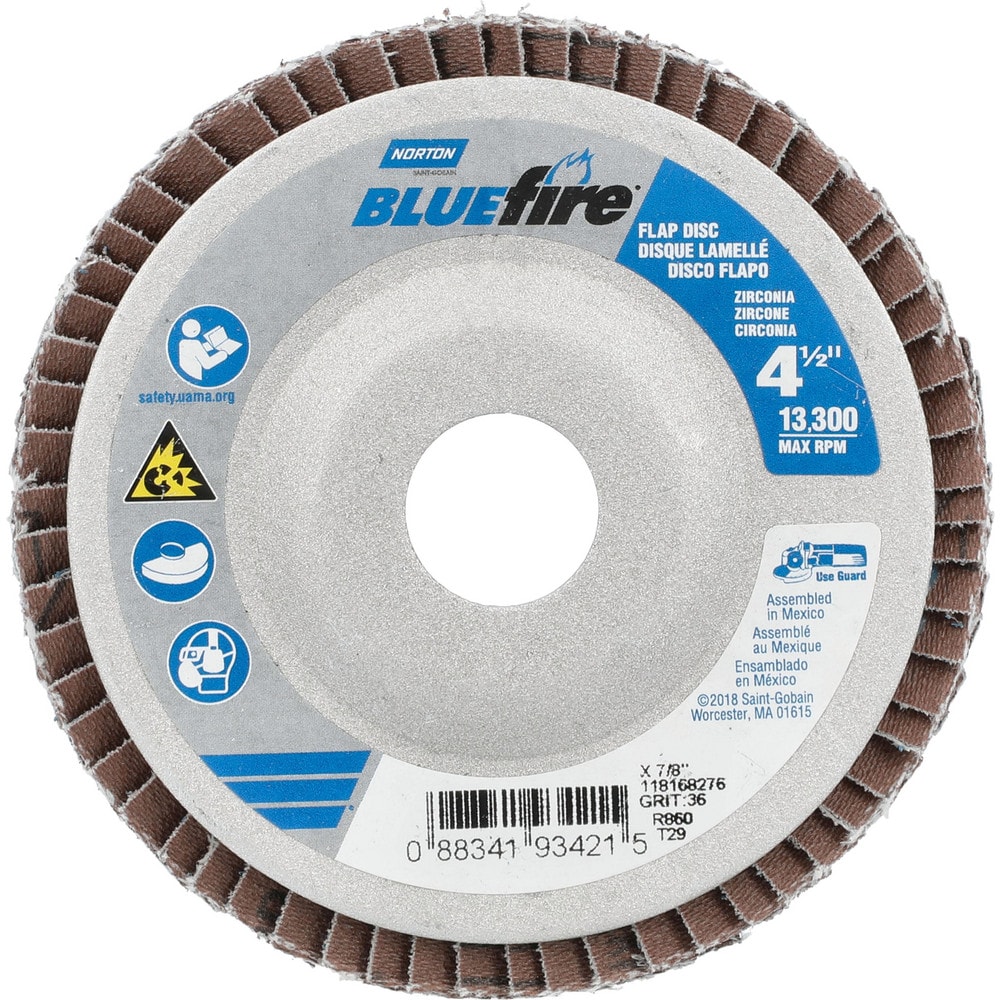 Flap Disc: 7/8" Hole, 36 Grit, Zirconia Alumina, Type 29