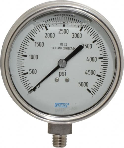 Wika 9832488 Pressure Gauge: 4" Dial, 0 to 5,000 psi, 1/4" Thread, NPT, Lower Mount 