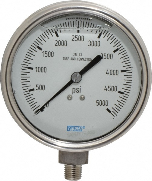 Wika 9832488 Pressure Gauge: 4" Dial, 0 to 5,000 psi, 1/4" Thread, NPT, Lower Mount 