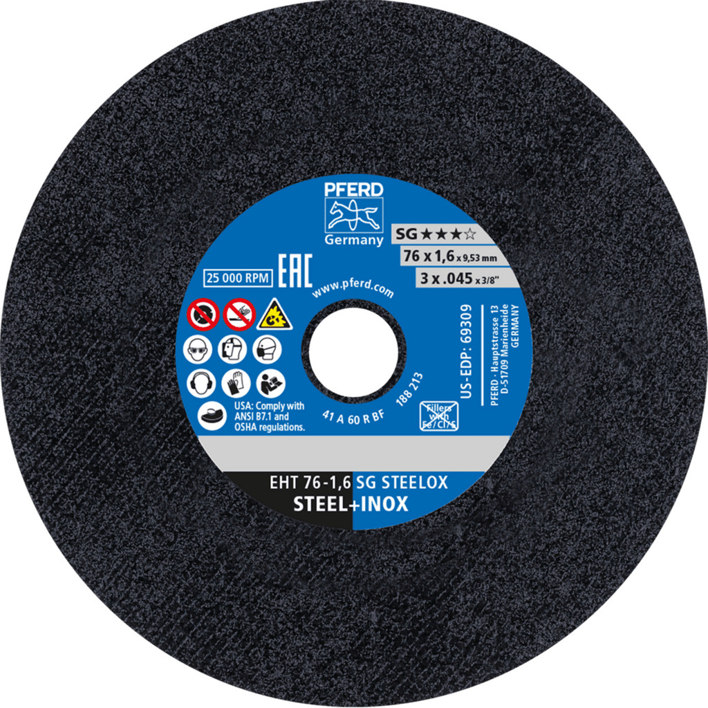 PFERD Tools Cut-Off Wheel: Type 1, 3 Dia, 0.0450" Thick, 3/8" Hole, Aluminum Oxide - 60 Grit, 25000 RPM, Use w/ Die Grinders, 1 per Pack