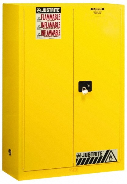 Justrite. 894500 Flammable & Hazardous Storage Cabinets: 45 gal Drum, 2 Door, 2 Shelf, Manual Closing, Yellow Image