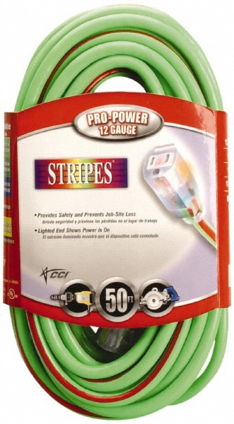 50', 12/3 Gauge/Conductors, Green/Red Outdoor Extension Cord - 1 Receptacle, 15 Amps, 125 VAC, UL SJTW, NEMA 5-15P, 5-15R