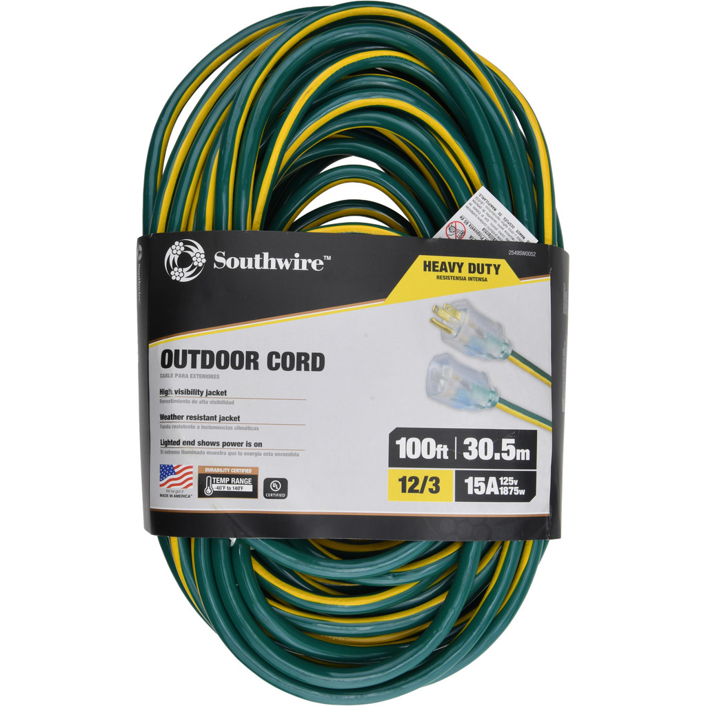 Southwire Extension Cord: 12/3 100' Long, Green & Yellow, Outdoor - 1 Receptacle, 15 A, 125 V, UL SJTW, NEMA 5-15P & 5-15R | Part #2549SW0052