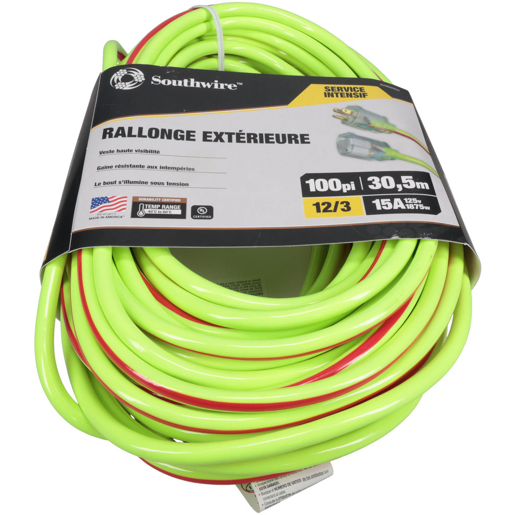 Southwire Extension Cord: 12/3 100' Long, Green & Red, Outdoor - 1 Receptacle, 15 A, 125 V, UL SJTW, NEMA 5-15P & 5-15R | Part #2549SW0054