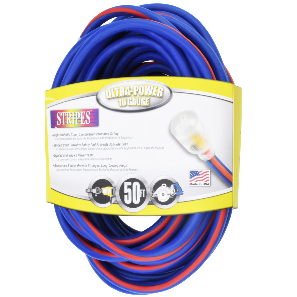 Southwire Extension Cord: 10/3 50' Long, Blue & Red, Outdoor - 1 Receptacle, 15 A, 125 V, UL SJTW, NEMA 5-15P & 5-15R | Part #026480064