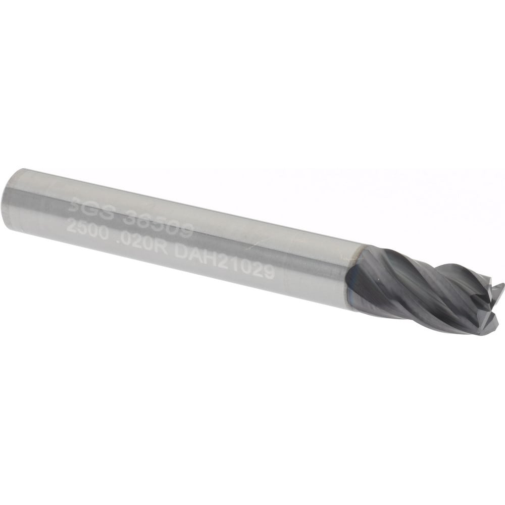 SGS 36509 Corner Radius End Mill: 1/4" Dia, 7/16" LOC, 0.015 to 0.02" Radius, 4 Flutes, Solid Carbide Image