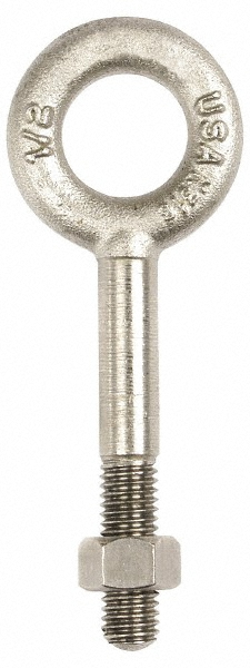 Fixed Lifting Eye Bolt: Without Shoulder, 500 lb Capacity, 1/4-20 Thread, Grade 316 Stainless Steel - Partially Threaded, 4" Shank, 2" Thread Length