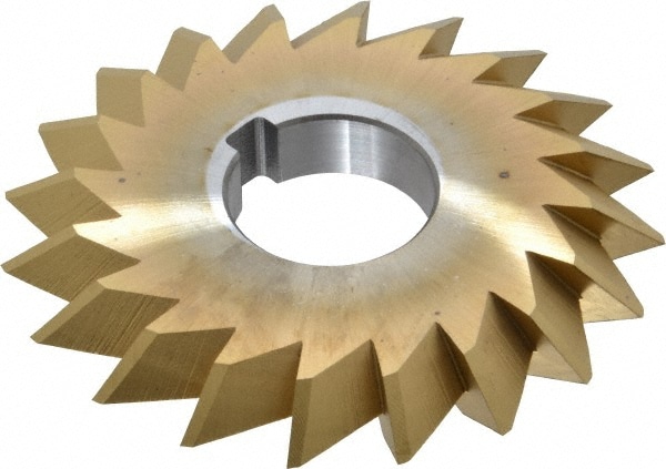 Made in USA DA4500-60-TIN Double Angle Milling Cutter: 60 °, 4" Cut Dia, 1/2" Cut Width, 1-1/4" Arbor Hole, High Speed Steel Image