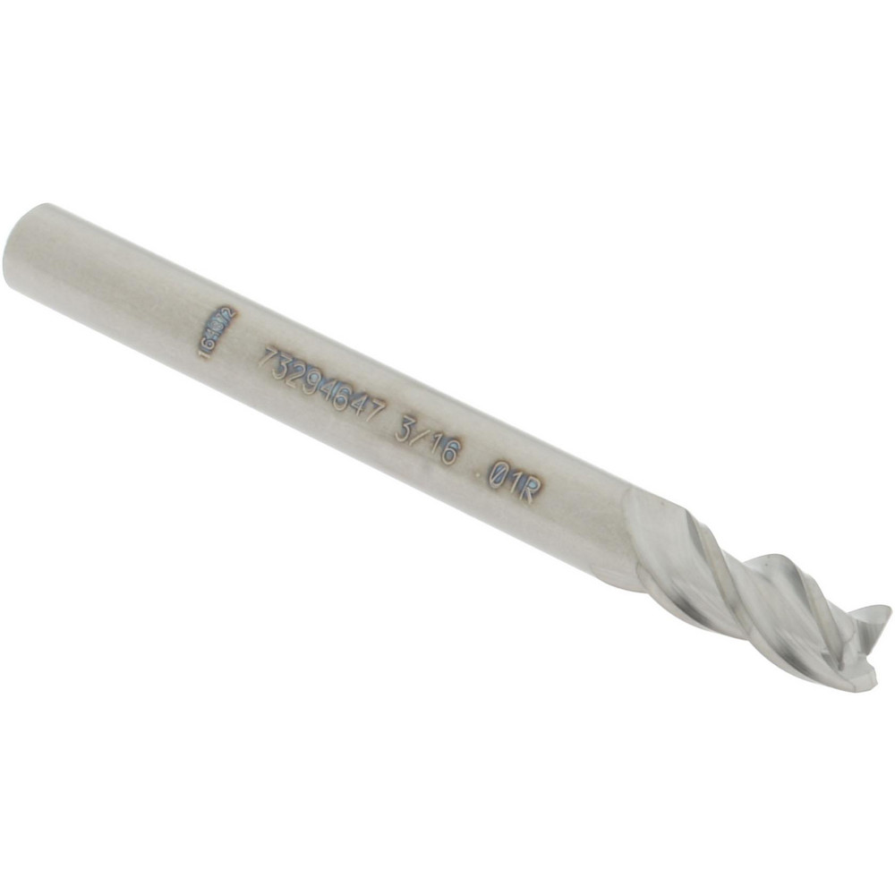 12179347 Corner Radius End Mill: 3/16" Dia, 3/8" LOC, 0.01" Radius, 3 Flutes, Solid Carbide  
