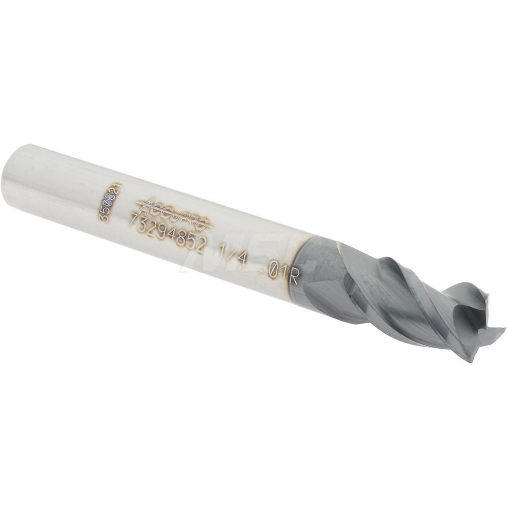 12179350 Corner Radius End Mill: 1/4" Dia, 3/8" LOC, 0.01" Radius, 3 Flutes, Solid Carbide  