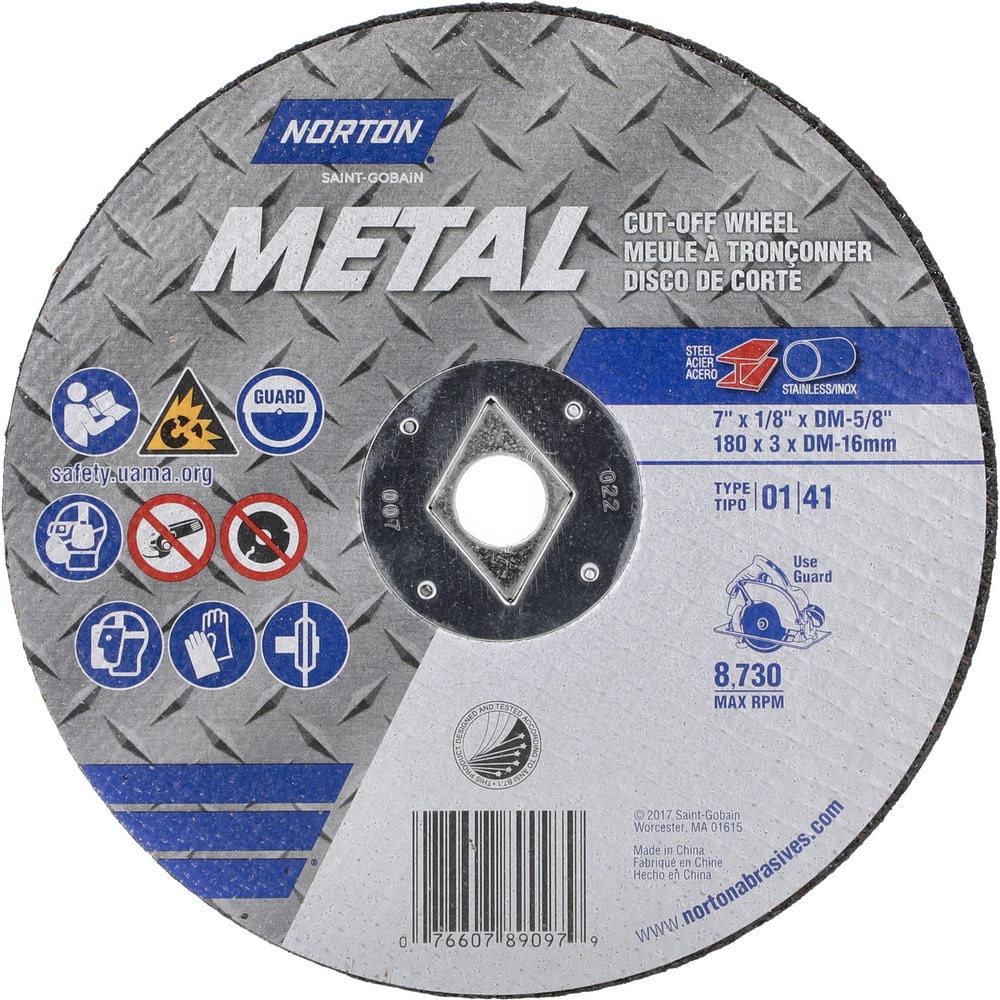 | Metal Cutoff Wheel: Type 1 (01/41), 7"" Dia, 1/8"" Thick, 5/8 DM"" Hole, Aluminum Oxide - 8730 Max RPM, Reinforced | Part # - Norton 07660789097