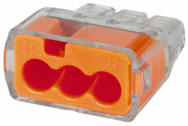 3 Port, 18 to 12 AWG Compatible, Push-In Wire Connector - 0.78" OAL x 0.69" OAW x 0.38" OAH, Orange