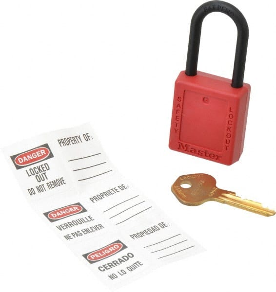 Master Lock 406RED Lockout Padlock: Keyed Different, Key Retaining, Thermoplastic, Plastic Shackle, Red 