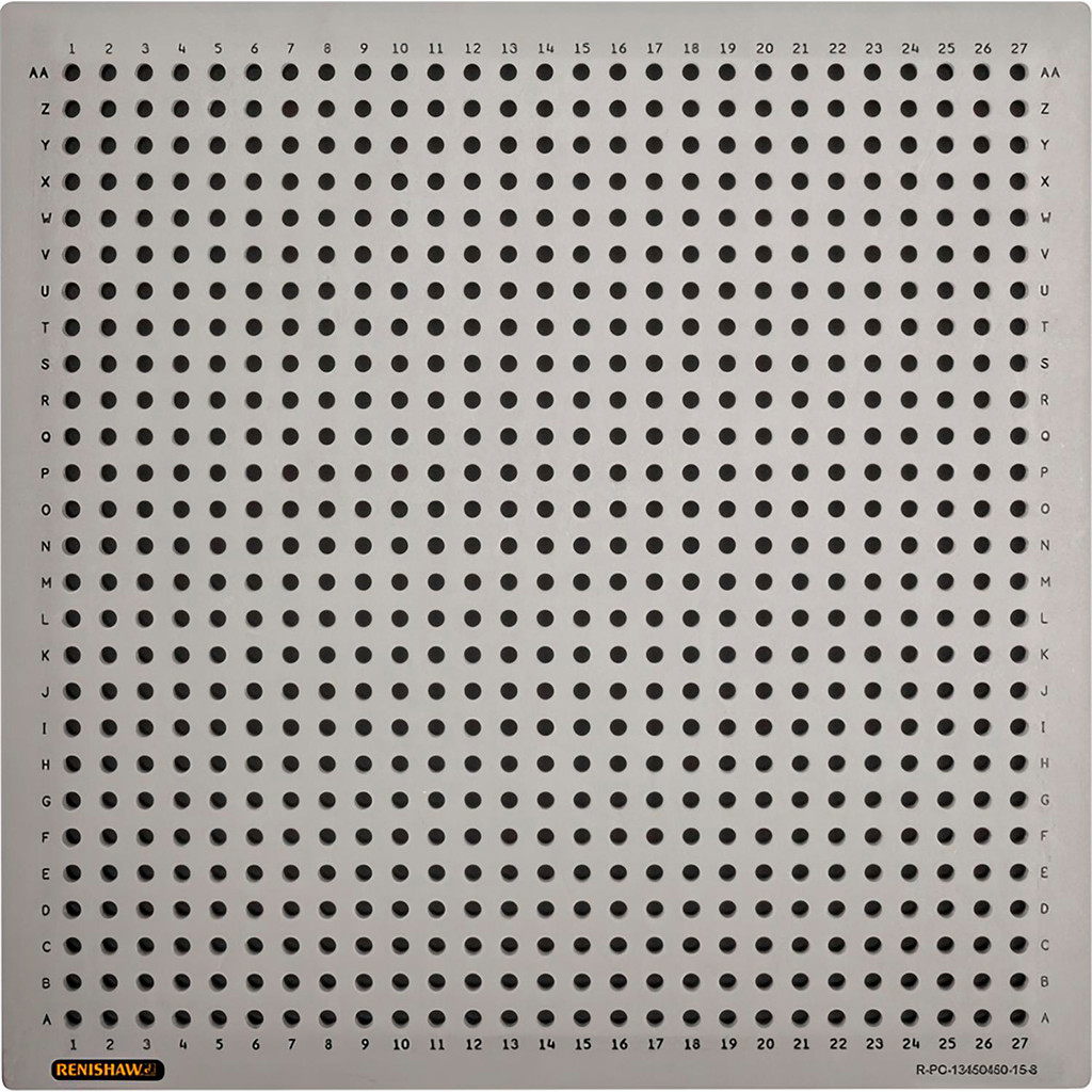 Renishaw CNC Fixture Plate 450 x 450 mm Aluminum 729 Mounting Holes 13 mm Thick Part RPC13450450158 Renishaw CNC Fixture Plate 450 x 450 mm Aluminum 729 Mounting Holes 13 mm Thick Part RPC13450450158