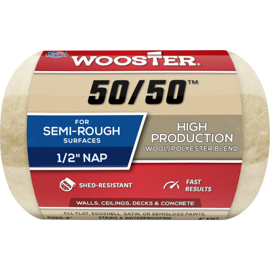 Wooster Brush Paint Roller Cover: 1/2" Nap, 4" Wide - Semi-Rough Texture, Wool & Poly Blend | Part #R295-4