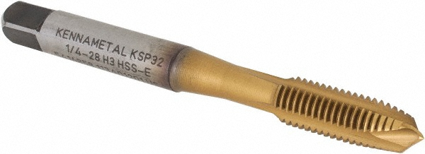 Kennametal 5416858 Spiral Point Tap: 1/4-28, 3 Flutes, Plug, 3B, Vanadium High Speed Steel, TiCN/TiN Finish Image