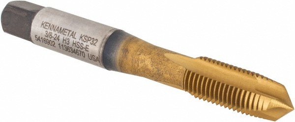 Kennametal 5416902 Spiral Point Tap: 3/8-24, 3 Flutes, Plug, 3B, Vanadium High Speed Steel, TiCN/TiN Finish Image