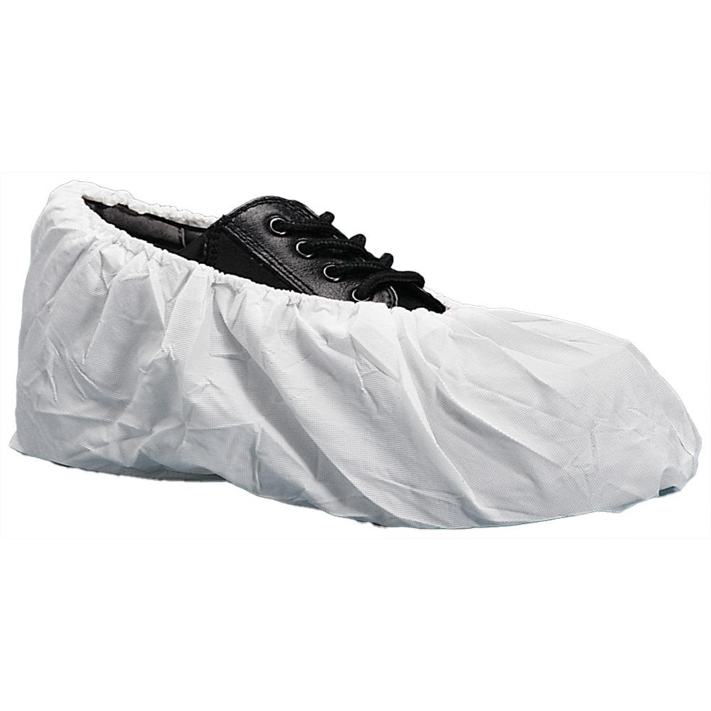Shoe Cover: Size Large, Water Resistant, Polyethylene, White - Elastic Closure