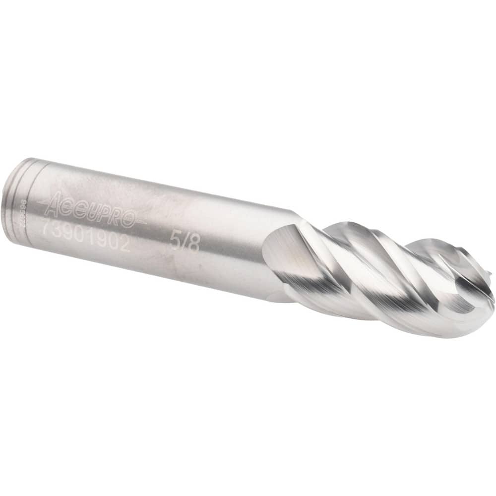 Accupro 12177130 Ball End Mill: 0.625" Dia, 1.25" LOC, 4 Flute, Solid Carbide 