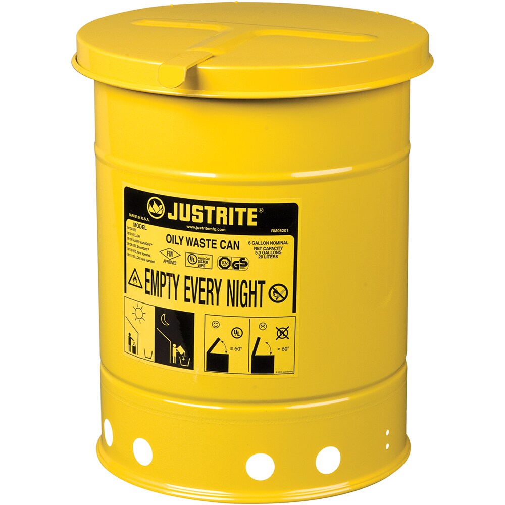 Oily Waste Cans & Receptacles; Capacity (Gal.): 6.000 ; Opening Style: Hand Operated ; Color: Yellow ; Material: Steel ; Height (Inch): 15.88 ; Height (Decimal Inch): 16.000000