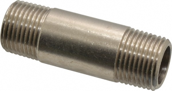 Brass Pipe Nipple: Threaded on Both Ends, 2" OAL, NPT, Nickel-Plated