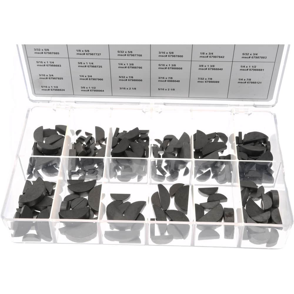 Key & Keyway Assortments; Assortment Type: Woodruff Key Assortment ; Material: Alloy Steel ; Includes: Assorted Woodruff Keys, Compartmented Storage Case ; Number Of Pieces: 350 ; Number Of Pieces: 350.0 ; Maximum Size: 3/8 x 1-1/2