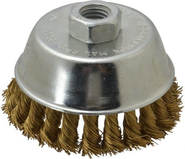 Value Collection Cup Brush: 3 Dia, 0.02 Wire Dia, Brass, Knotted - 3/8-24 Arbor Hole, 3/4 Trim Length, 12,500 Max RPM | Part #2107538350