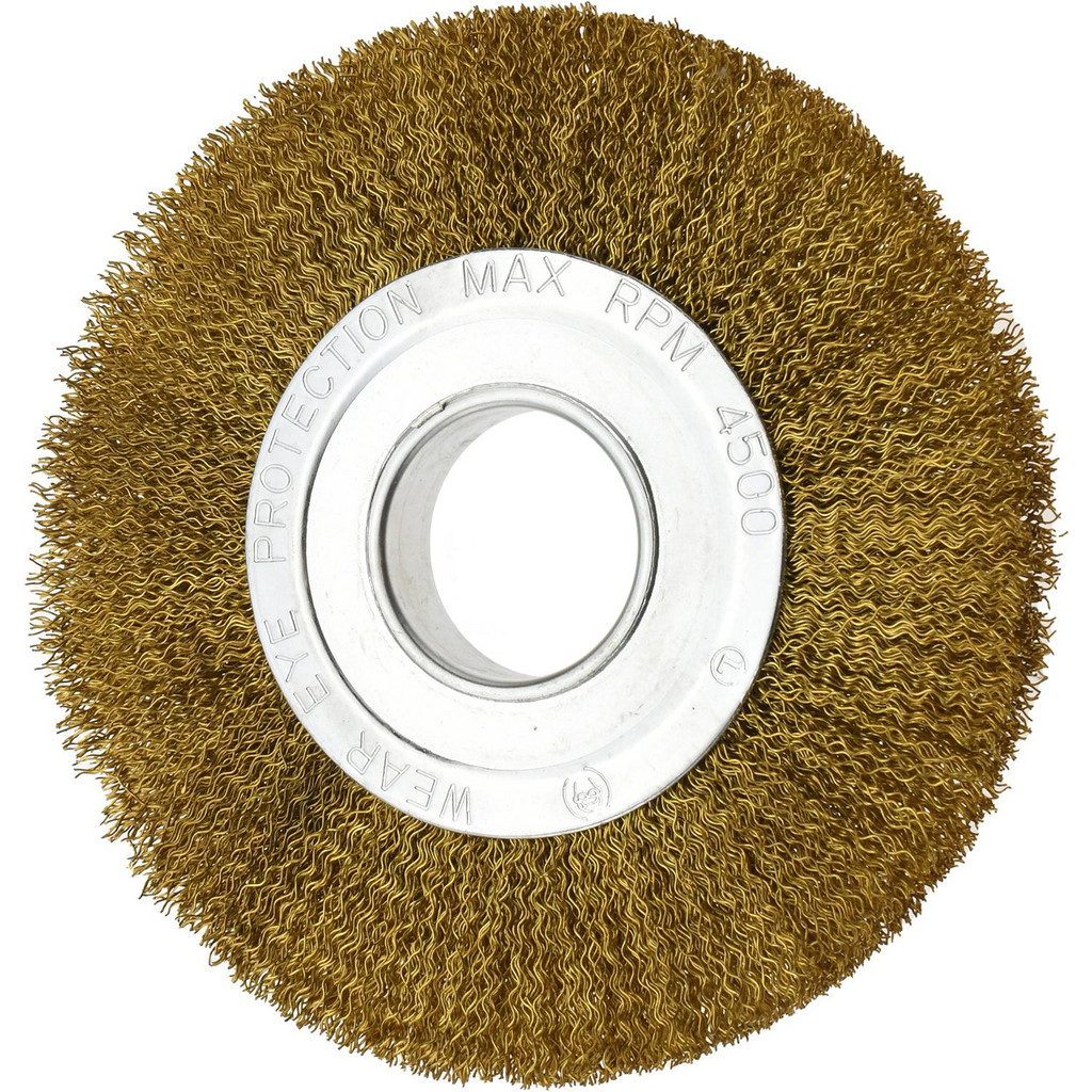 Value Collection Wheel Brush: 8" Wheel Dia, 1" Face Width, 0.0200" Wire Dia, Crimped - 1/4" Hole, Brass | Part #0320010350
