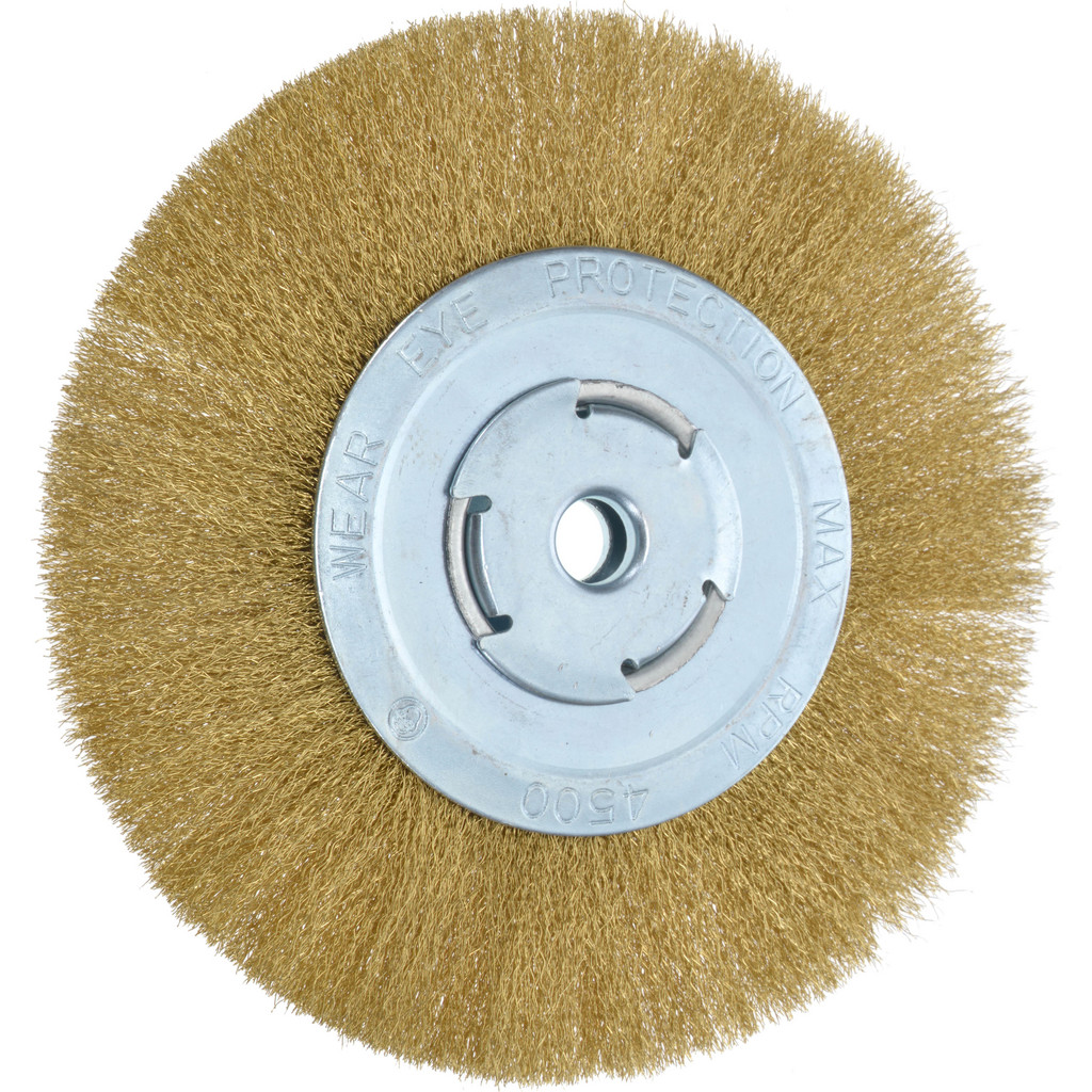 Value Collection Wheel Brush: 8" Wheel Dia, 1/2" Face Width, 0.0080" Wire Dia, Crimped - 5/8" Hole, Brass | Part #0320012320