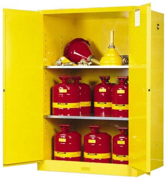 Justrite. 899020 Flammable & Hazardous Storage Cabinets: 90 gal Drum, 2 Door, 2 Shelf, Self Closing, Yellow 