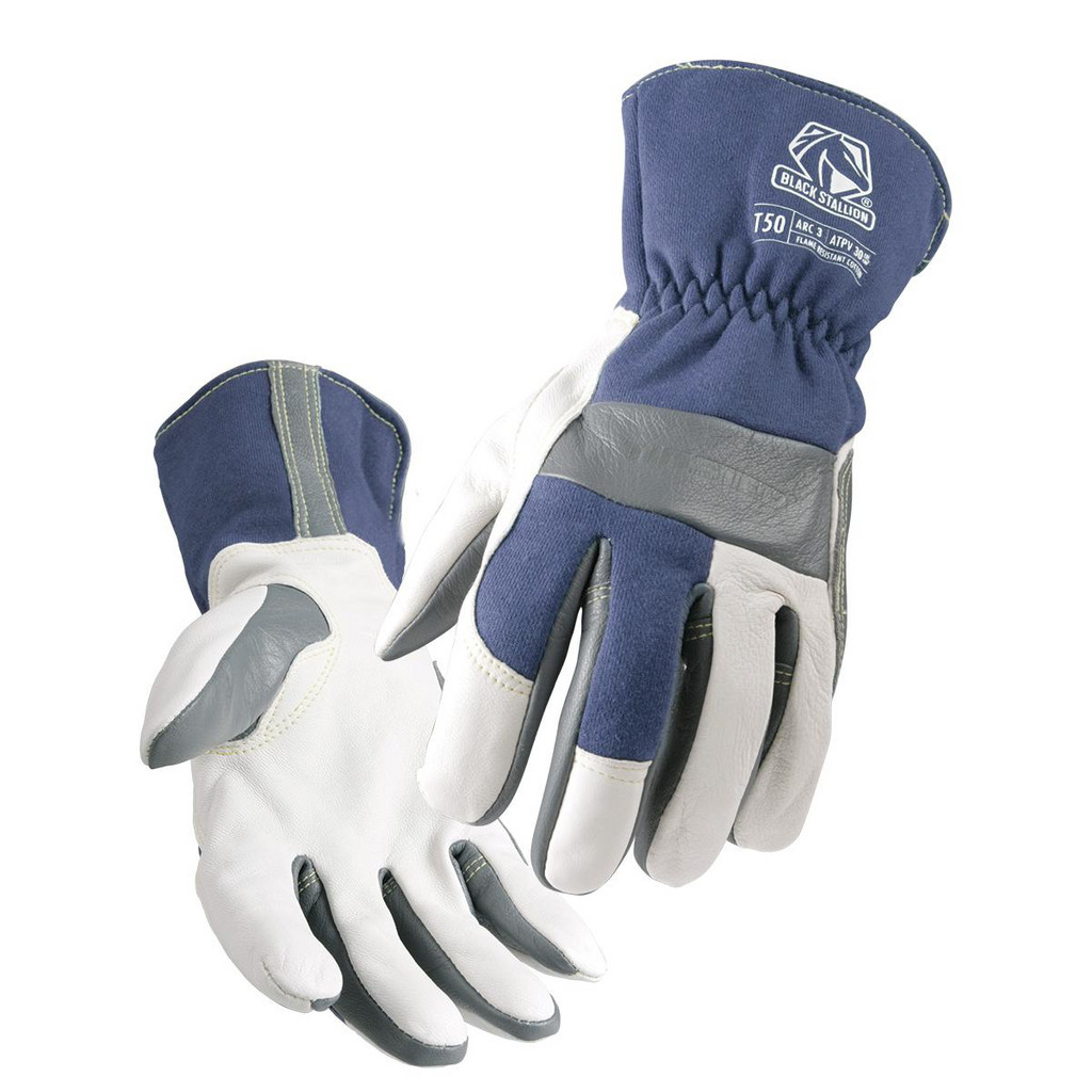 Black Stallion Welding Gloves: Black Stallion T50, Size Large, Goatskin, for TIG Welding - White & Gray, Cotton Fleece Lined, Soft Textured Grip