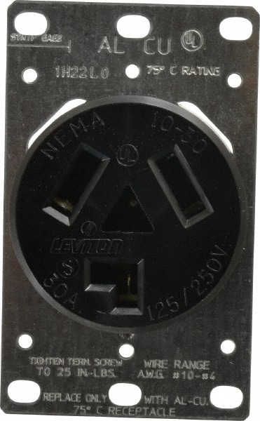 Straight Blade Single Receptacle: NEMA 10-30R, 30 Amps, Ungrounded