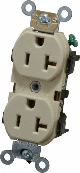 Straight Blade Duplex Receptacle: NEMA 5-20R, 20 Amps, Self-Grounding - Industrial, Ivory