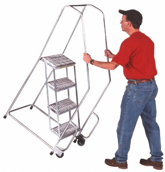 Aluminum Spring-Loaded Rolling Ladder: 28-1/2" Platform, 350 lb Capacity, 3 Step, 20" Base Width - Perforated Tread, 18" Platform Width, Configurable, Assembly Required