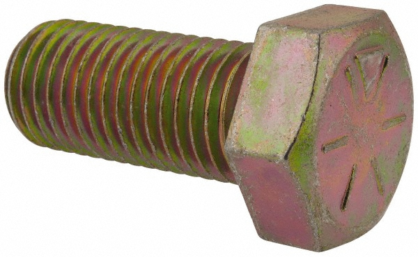Made in USA Hex Head Cap Screw: 1-8, 2-1/4" Length Under Head, Grade 8 Steel, Yellow Zinc Dichromate Finish - Fully Threaded, 1-1/2" Hex, 90900 lb