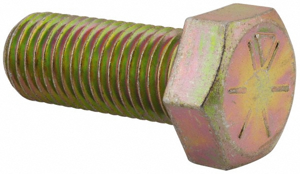 Made in USA Hex Head Cap Screw: 1-8, 2-1/2" Length Under Head, Grade 8 Steel, Yellow Zinc Dichromate Finish - Fully Threaded, 1-1/2" Hex, 90900 lb
