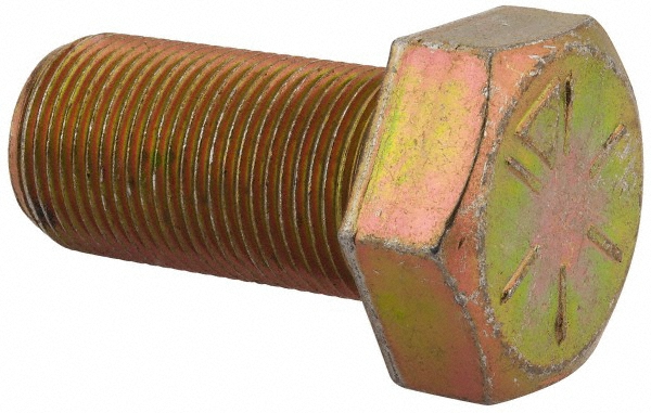 Made in USA Hex Head Cap Screw: 1-14, 2" Length Under Head, Grade 8 Steel, Yellow Zinc Dichromate Finish - Fully Threaded, 1-1/2" Hex, 24000 lb