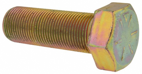 Made in North America Hex Head Cap Screw: 1-1/8-12, 3-1/4" Length Under Head, Grade 8 Steel, Yellow Zinc Dichromate Finish - Fully Threaded, 1-11/16"