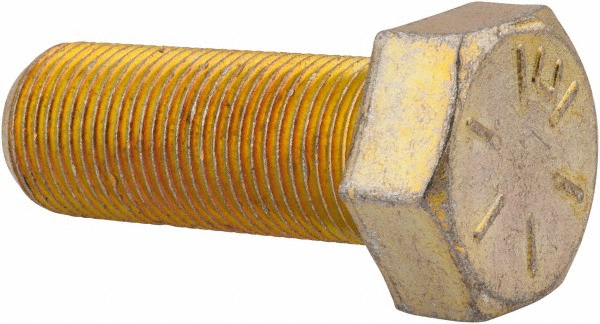 Made in USA Hex Head Cap Screw: 3/4-16, 2" Length Under Head, Grade 8 Steel, Yellow Zinc Dichromate Finish - Fully Threaded, 1-1/8" Hex, 56000 lb