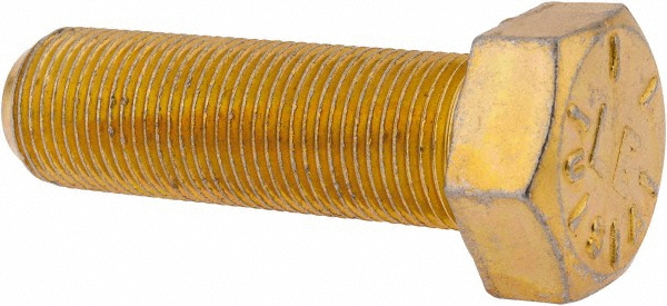 Made in USA Hex Head Cap Screw: 3/4-16, 2-1/2" Length Under Head, Grade 8 Steel, Yellow Zinc Dichromate Finish - Fully Threaded, 1-1/8" Hex, 56000 lb