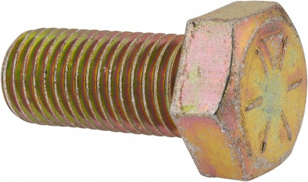 Made in USA Hex Head Cap Screw: 7/8-9, 2" Length Under Head, Grade 8 Steel, Yellow Zinc Dichromate Finish - Fully Threaded, 1-5/16" Hex, 69300 lb
