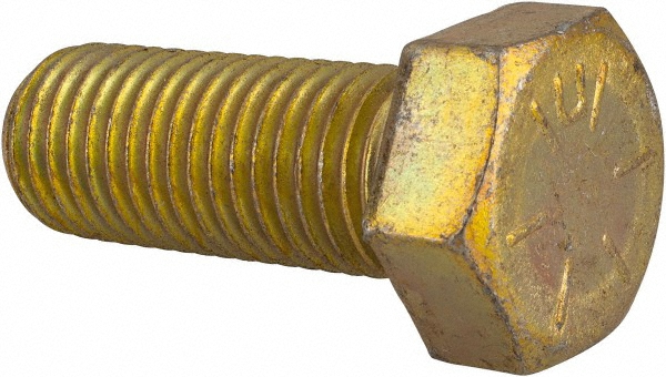 Made in USA Hex Head Cap Screw: 7/8-9, 2-1/4" Length Under Head, Grade 8 Steel, Yellow Zinc Dichromate Finish - Partially Threaded, 1-5/16" Hex