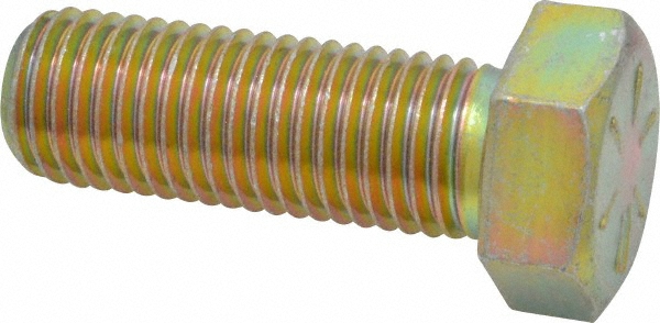 Made in USA Hex Head Cap Screw: 7/8-9, 2-1/2" Length Under Head, Grade 8 Steel, Yellow Zinc Dichromate Finish - Partially Threaded, 1-5/16" Hex