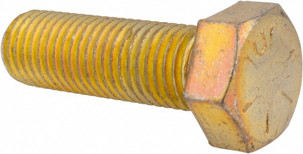 Made in USA Hex Head Cap Screw: 7/8-9, 2-3/4" Length Under Head, Grade 8 Steel, Yellow Zinc Dichromate Finish - Fully Threaded, 1-5/16" Hex, 69300 lb
