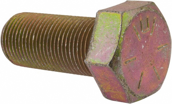 Made in USA Hex Head Cap Screw: 7/8-14, 2" Length Under Head, Grade 8 Steel, Yellow Zinc Dichromate Finish - Fully Threaded, 1-5/16" Hex, 76400 lb