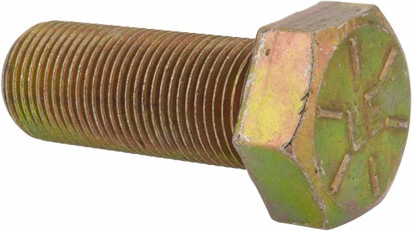 Made in North America | Value Collection Hex Head Cap Screw: 7/8-14, 2-1/4" Length Under Head, Grade 8 Steel, Yellow Zinc Dichromate Finish